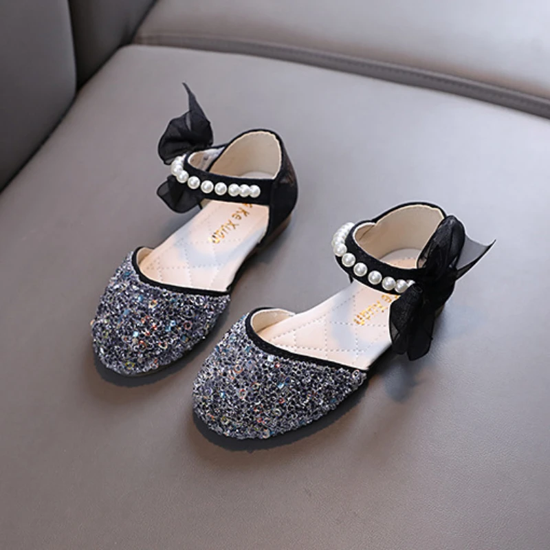 AINYFU Girls Sequin Lace Bow Kids Sandals Summer Children Pearl Flats Sandals Little Girl Princess Shoes Baby Dance Sandals J253