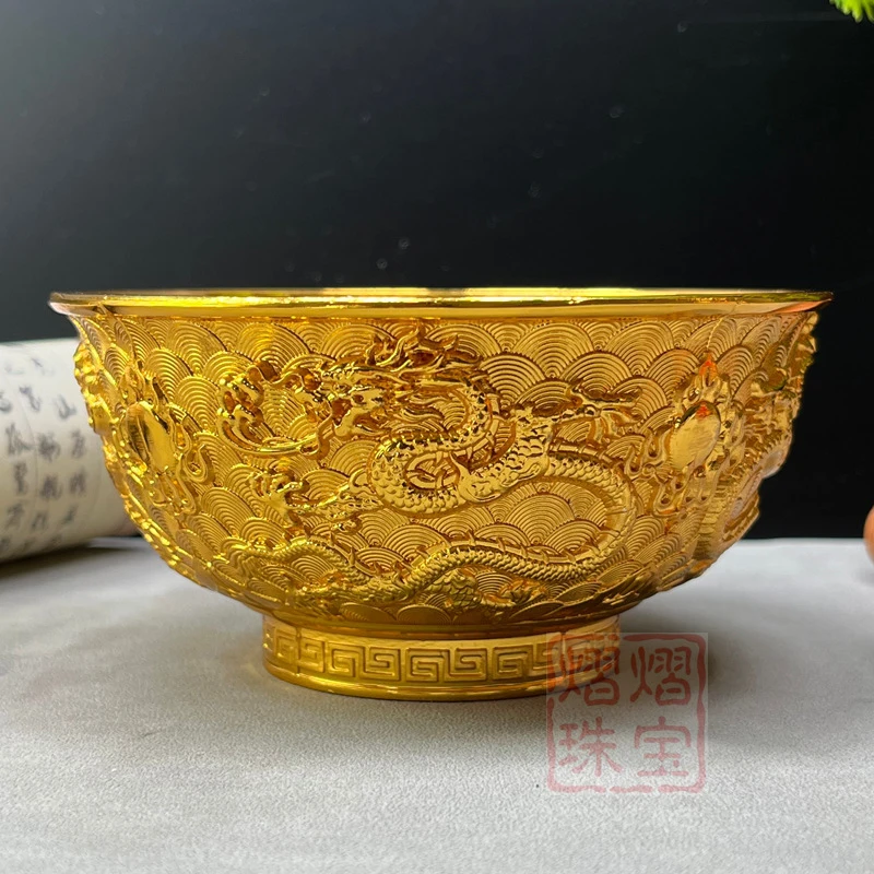 Antique-Style Qianlong Era Gilt Double Dragon Playing with Pearl Zodiac Dragon Bowl, Copper Alloy Wealthy Gold Bowl, Holy Water