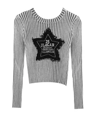 Fall Woman American Vintage Striped O-neck Crop Sweaters Star Pullovers Long Sleeve Gyaru Tide Jumper Knitwears Y2k Streetwear