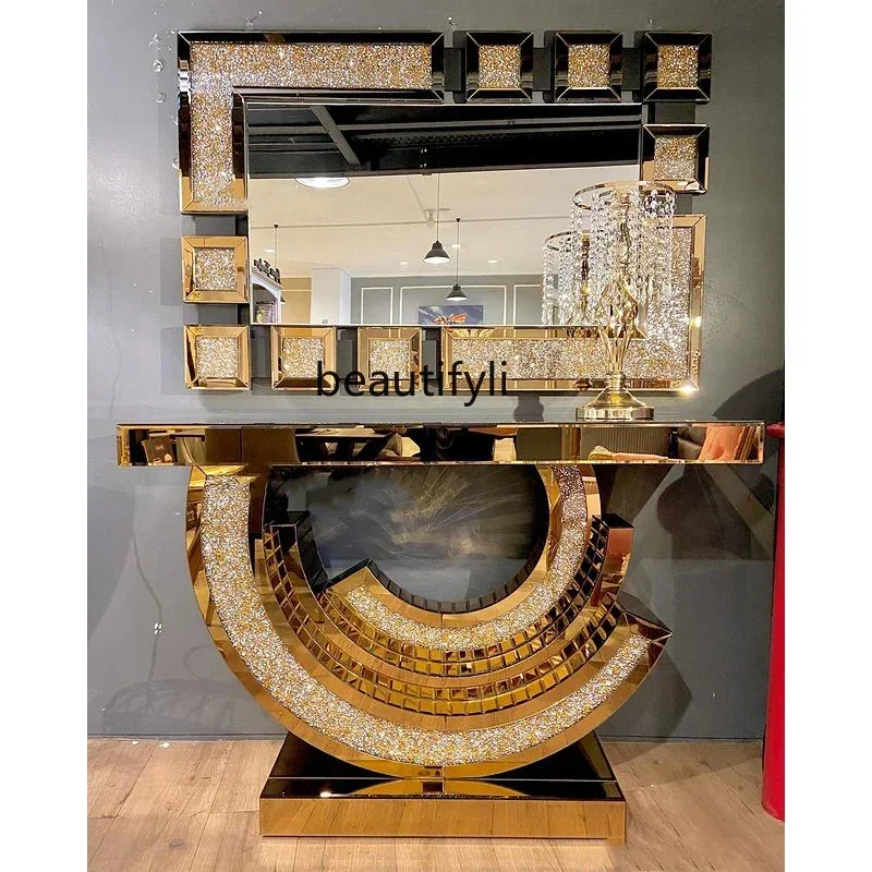 

Hot selling-Luxury Crystal Diamond Entrance Console Table With Mirror Elegant Decor For Living Room Entryway-high quality