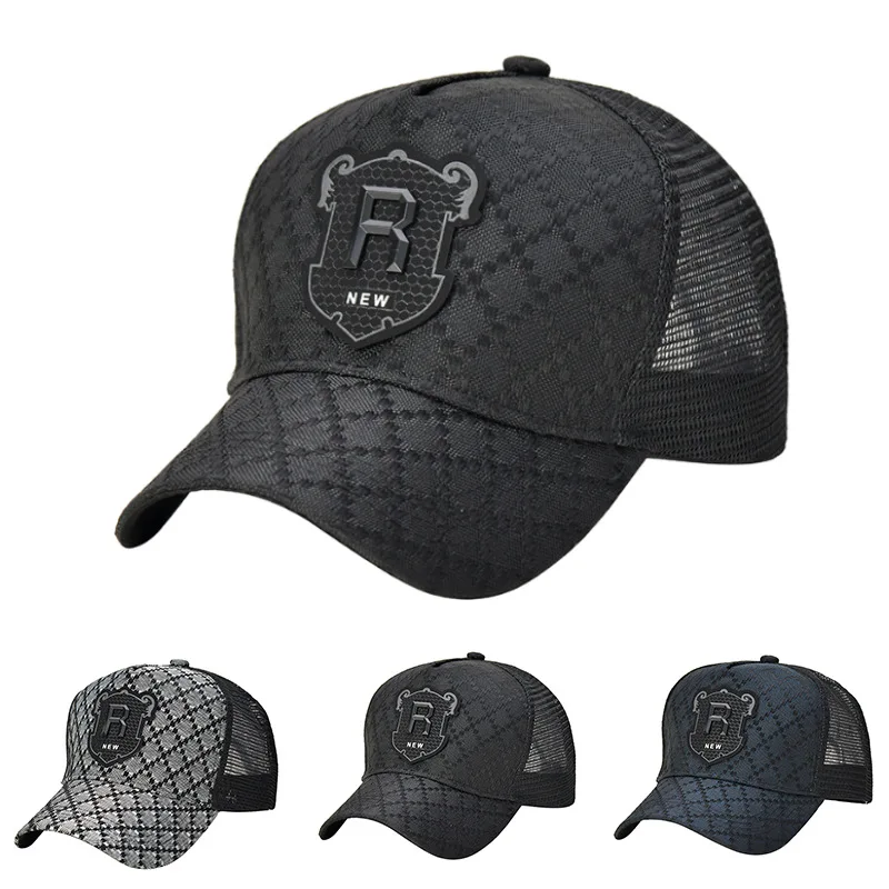 Gorra de béisbol con icono de letra R para hombre, gorro de Hip Hop deportivo ajustable para exteriores, gorras de protección solar de camionero de malla transpirable