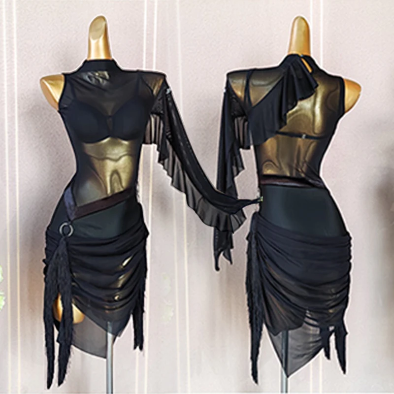 Robe de danse latine noire pour femmes, robes à franges Sexy, vêtements de spectacle de danse Rumba Tango, vêtements de danse d'entraînement latin pour adultes VDL2621