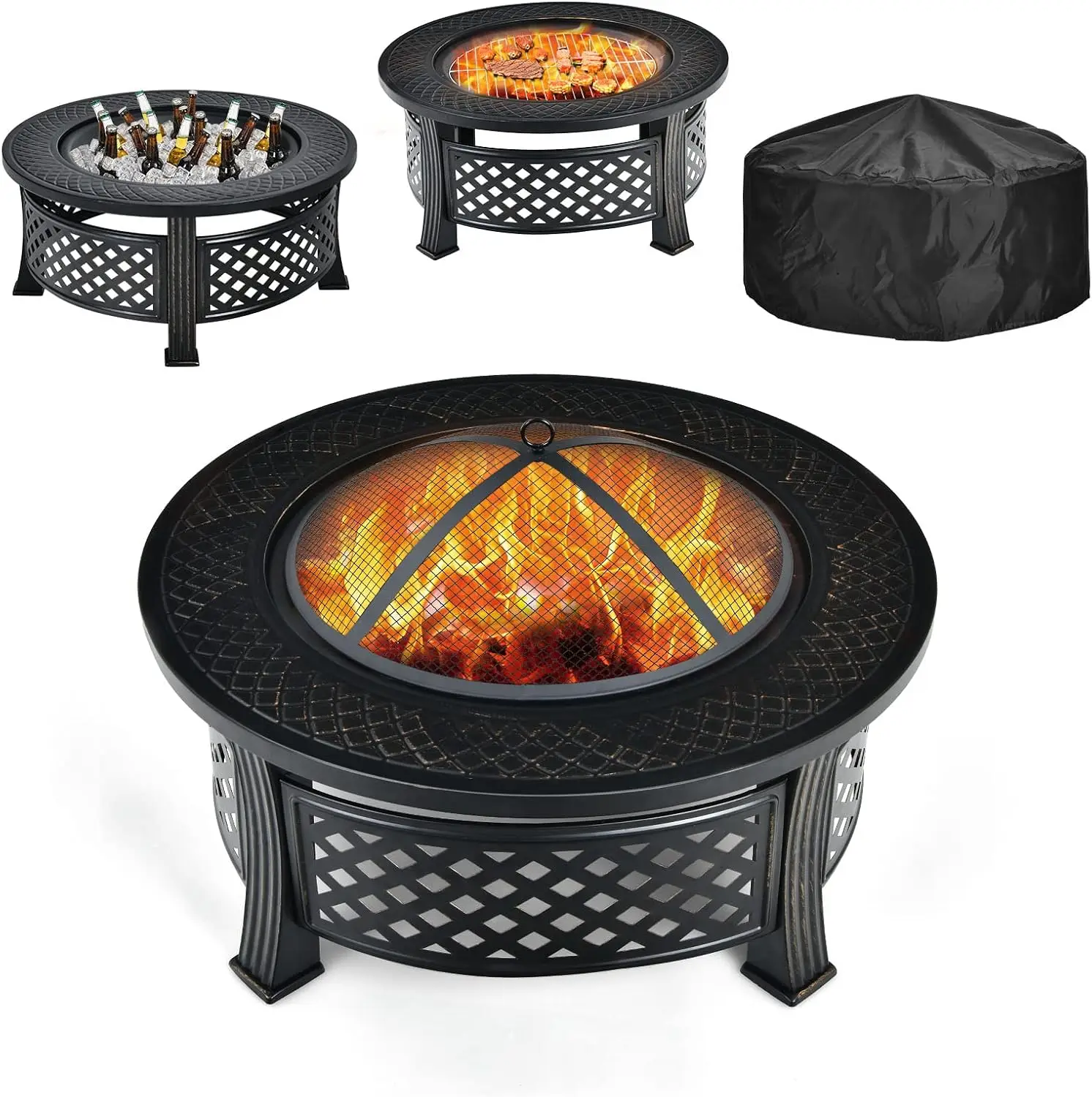 Outdoor Wood Burning Fire Pit Table Round Metal Firepit With Spark Screen Mesh Lid Poker Waterproof Rain Cover For Backyard Patio Camping Picnic Garden Heating Bonfire Station Black