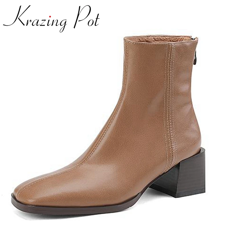 

Krazing Pot New Arrival Sheep Leather Square Toe Thick High Heels Chelsea Boots Office Lady Fashion Mature Zipper Ankle Boots