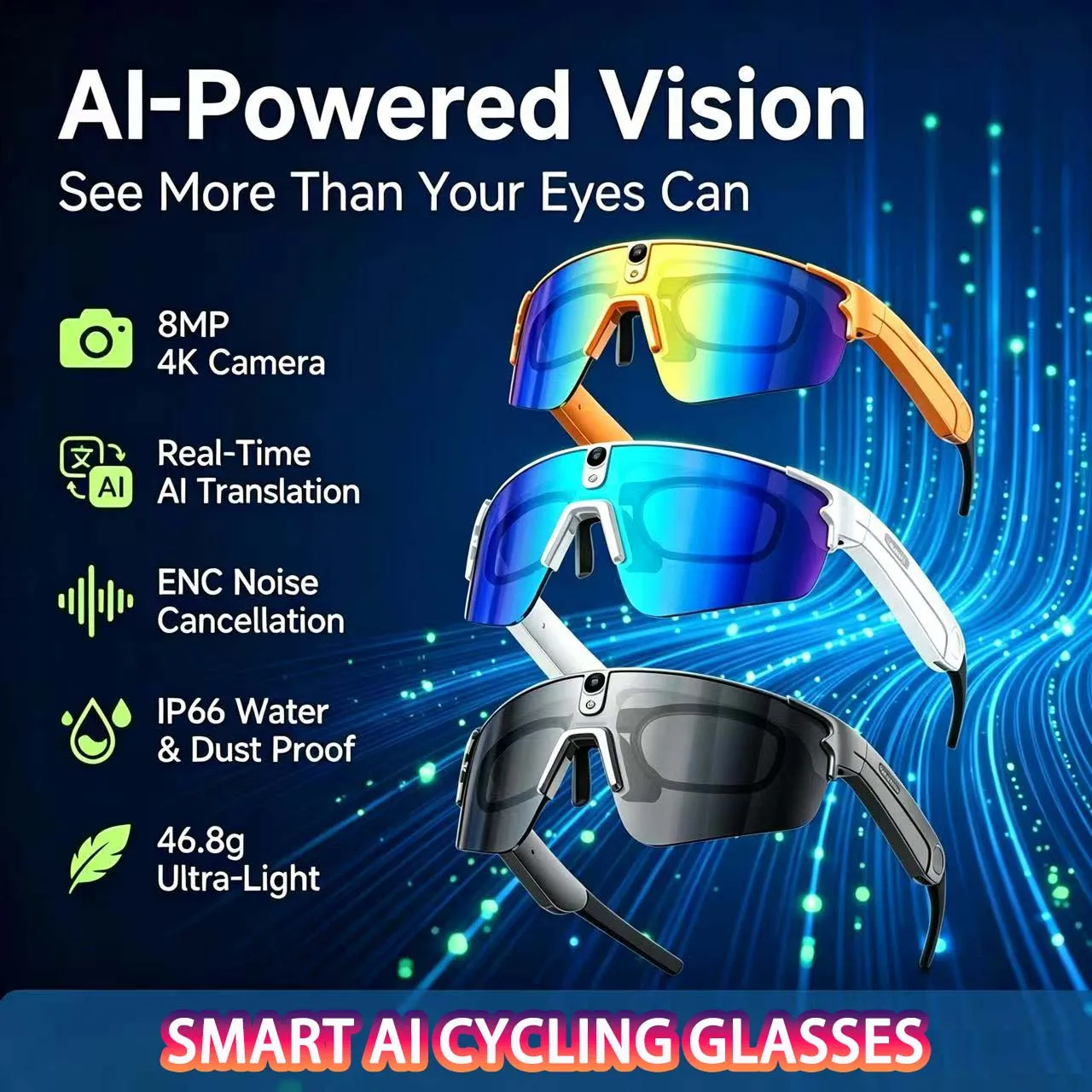 

Smart AI Translation Cool Glasses 8MP Camera Video Recorder Bluetooth Music Call Sunglasses Real Time Multi Language Anti-shake