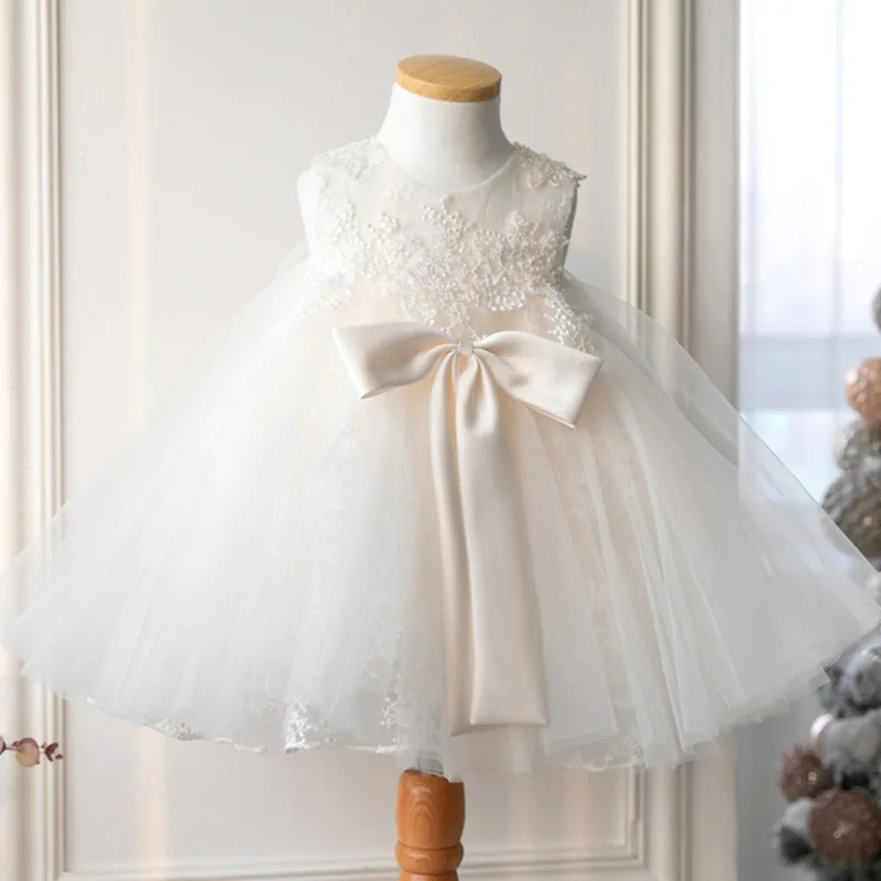 

Elegant Flower Girls Gowns Sleeveless Bow V-back Kids Wedding Dress 2023 Summer Korean Birthday Lace Ball Gown Princess Dresses