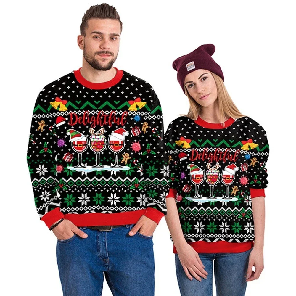 Men Women Xmas Sweatshirt 3D Christmas Wine Glass Bell The Gingerbread Man Print Ugly Christmas Sweater Holiday Party Jumper Top