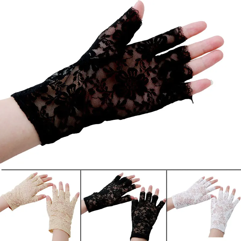 Guantes de encaje sin dedos para mujer, manoplas de medio dedo para novia, gran oferta