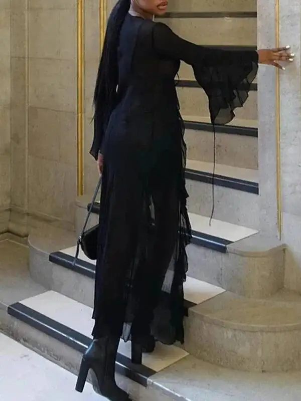 ชุดเดรสชายหาดผ้าตาข่ายสีดำสำหรับผู้หญิง ชุดเดรสยาวแบบผูกเชือกเซ็กซี่ ชุดเดรสยาวแขนยาวสำหรับงานปาร์ตี้วันหยุดฤดูร้อน รุ่น UQ8R