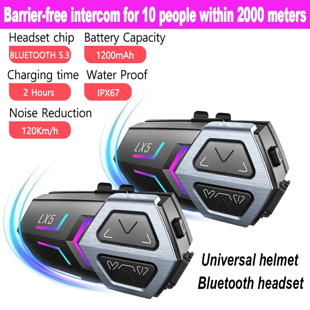 Motorcycle Helmet Headset 2000M Mesh Intercom 10 Riders Intercom Hands-Free Calling Bluetooth 5.3 Ip67 Waterproof 1200Mah