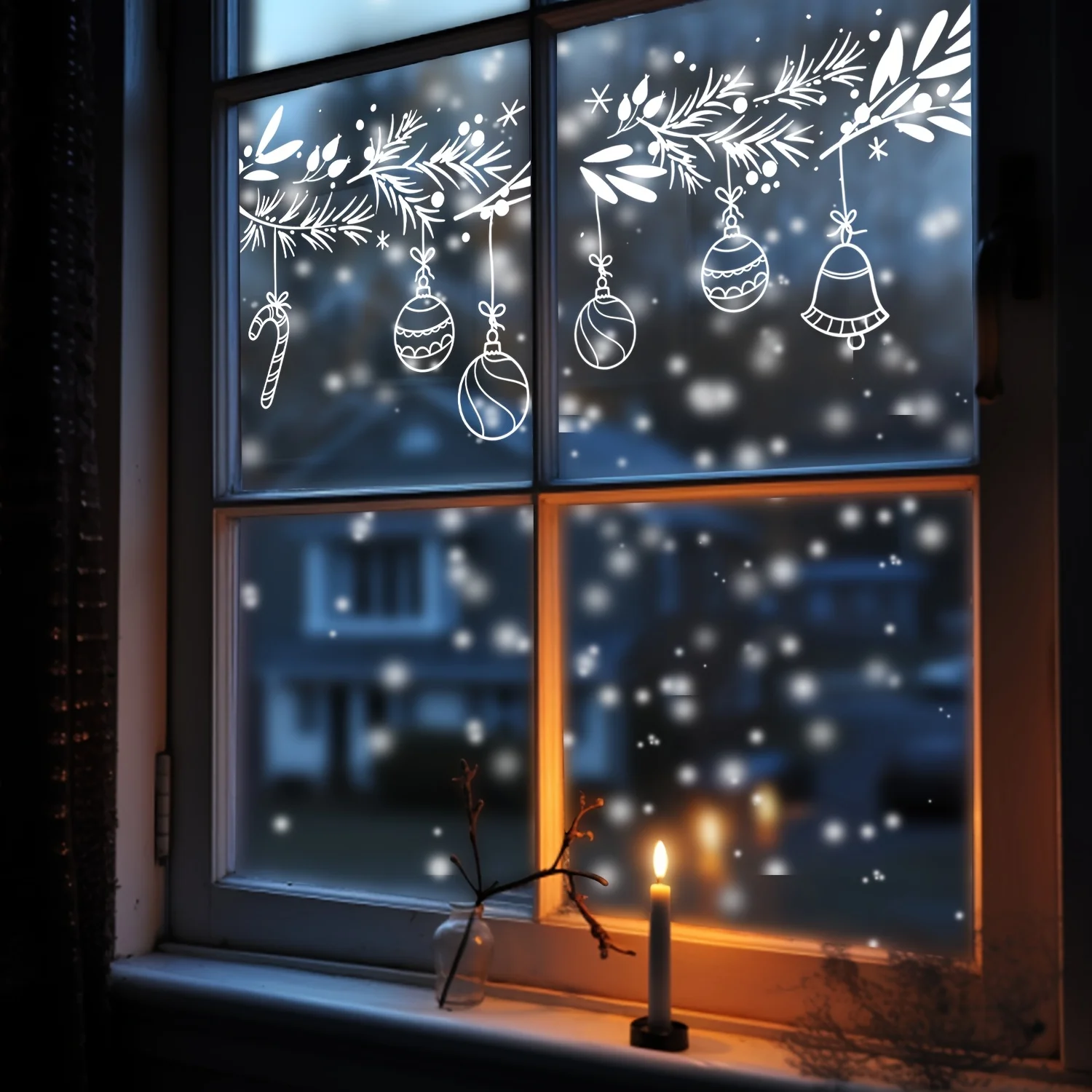 1 Stück statische Frischhaltefolie für den Winter, Weihnachten, Fensteraufkleber aus weißem Draht mit Vogelscheuchenmuster und doppelseitigem, hochtransparentem Glas