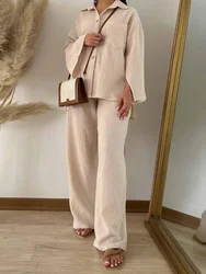 Eid Muslim Women Two Piece Set Splice Pocket Shirt Wide Leg Pants Ensemble Dubai Arab Islamic Ramadan Outfit Casual Suits 2024