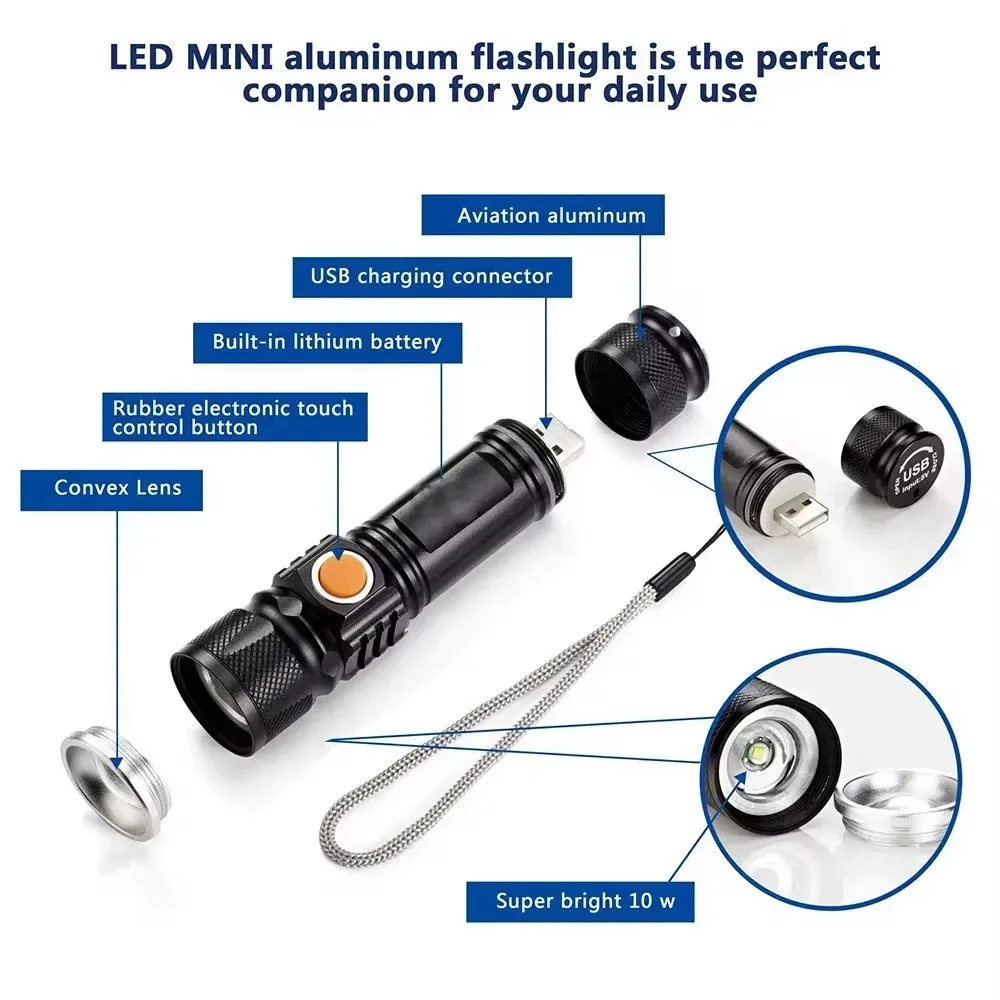 Powerful LED Flashlight With Tail USB Charging Head Zoomable waterproof Torch Portable light 3 Lighting modes Built-in battery