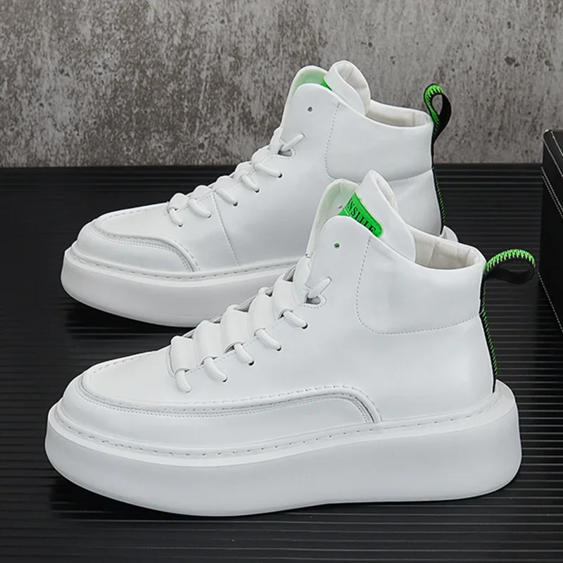 Brand Men's White Vulcanized Sneakers Trend Winter High Top Sneakers Men Platform Shoes Comfortable Men Leather Skateboard Shoes