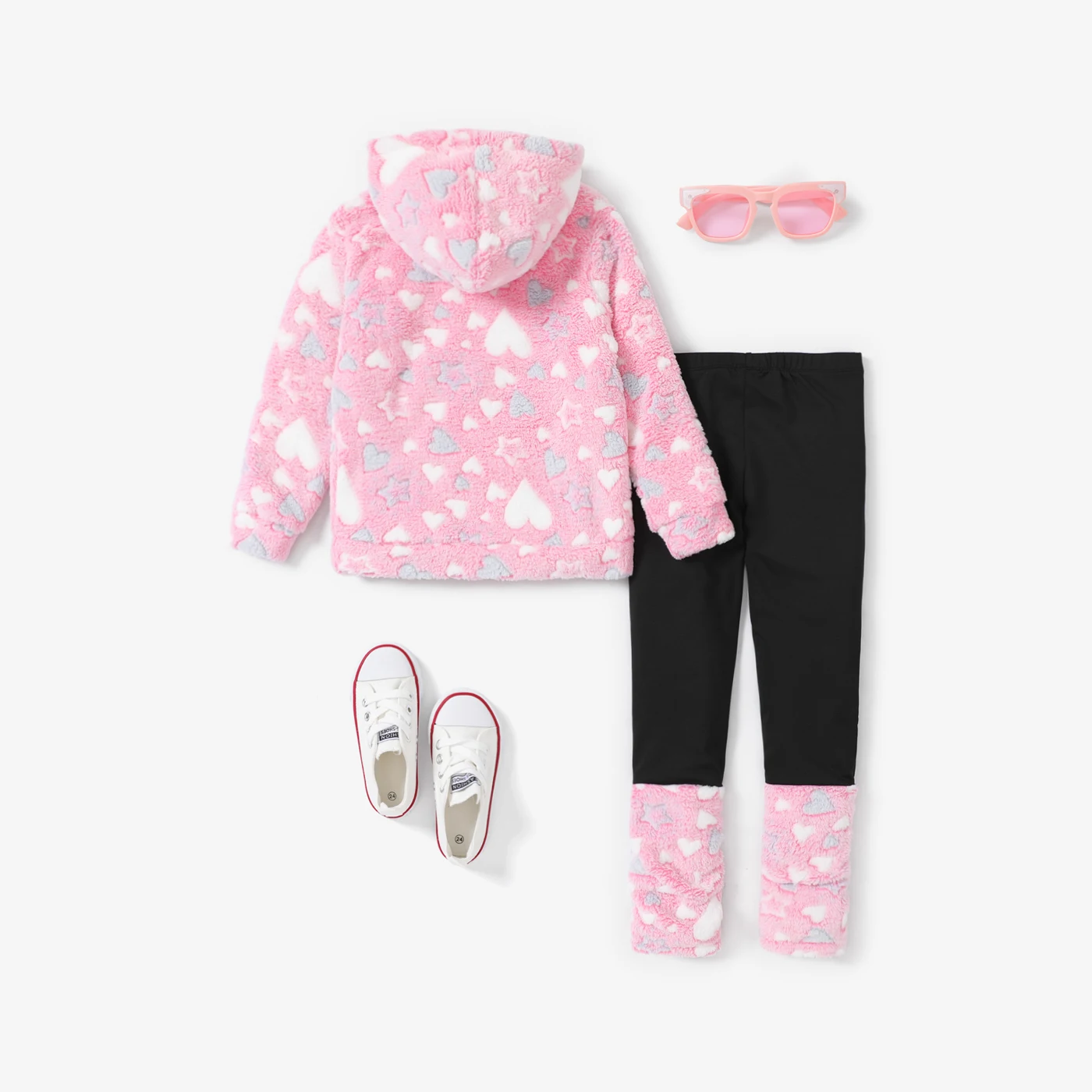 PatPat 2pcs Kid Girl Sweet Heart-shaped Soft Fuzzy Fabric Stitching Suit image 2