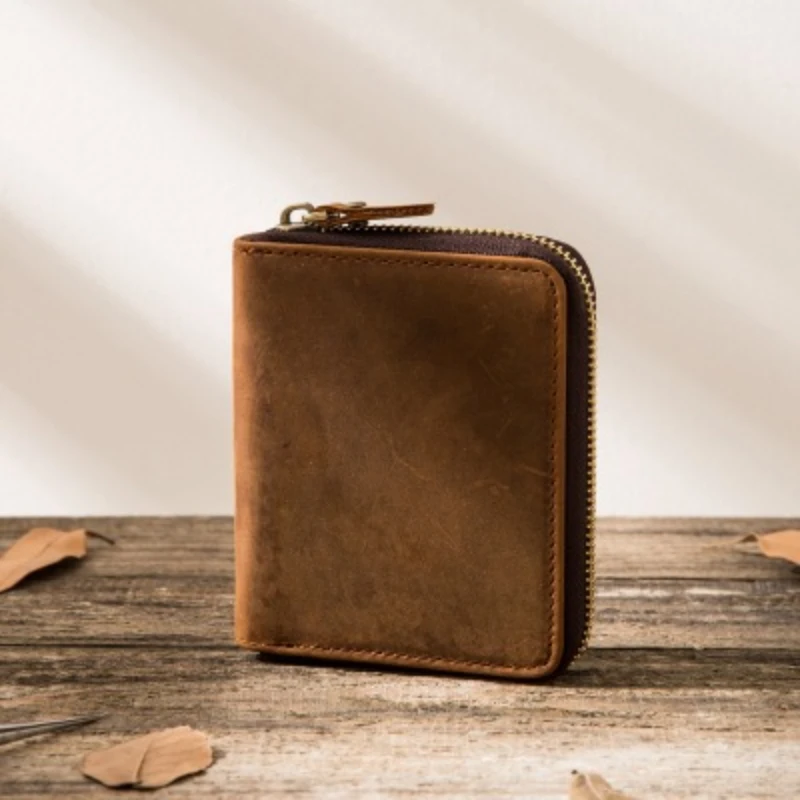 Men's Small Wallet RFID Vintage Genuine Leather Wallets Zipper Around Coin Pocket Man Card Holder Short Wallets High Quality