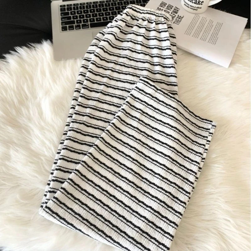 طقم ملابس نوم نسائية مخططة مكشوفة الأكتاف لعام 2025 - بلوزة وسراويل بأكمام طويلة مزخرفة بالدانتيل، ملابس نوم كاجوال حلوة لربيع الخريف #4