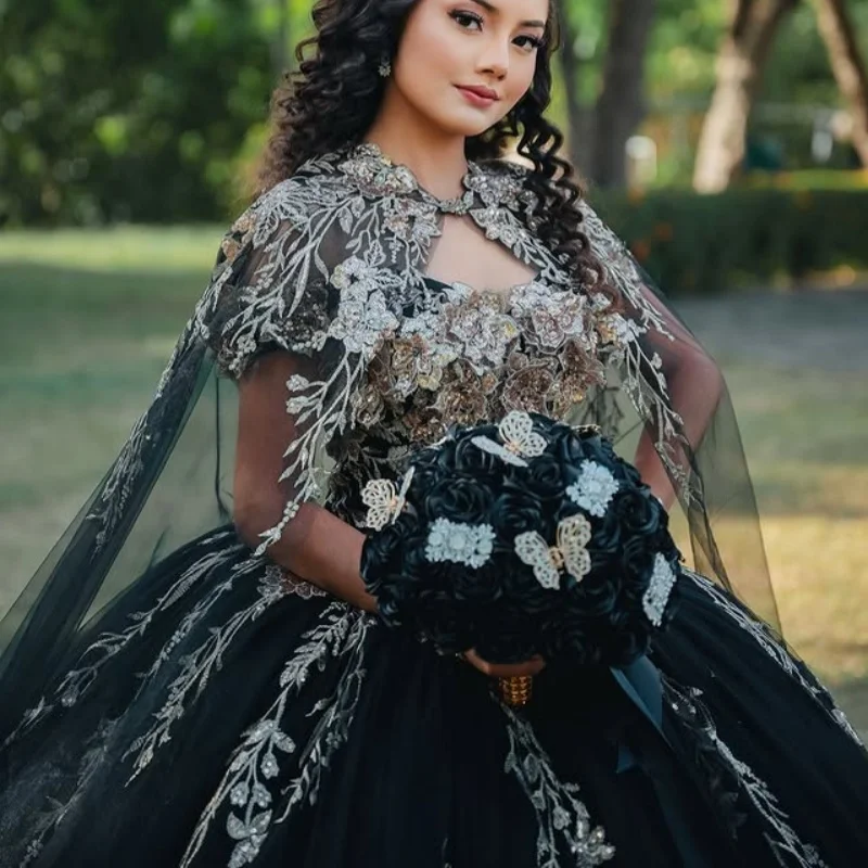 

Черное платье Quinceanera с открытыми плечами, кружевное 3D цветочное блестящее платье, платья de 15, Quinceanera ﻿ Индивидуальный