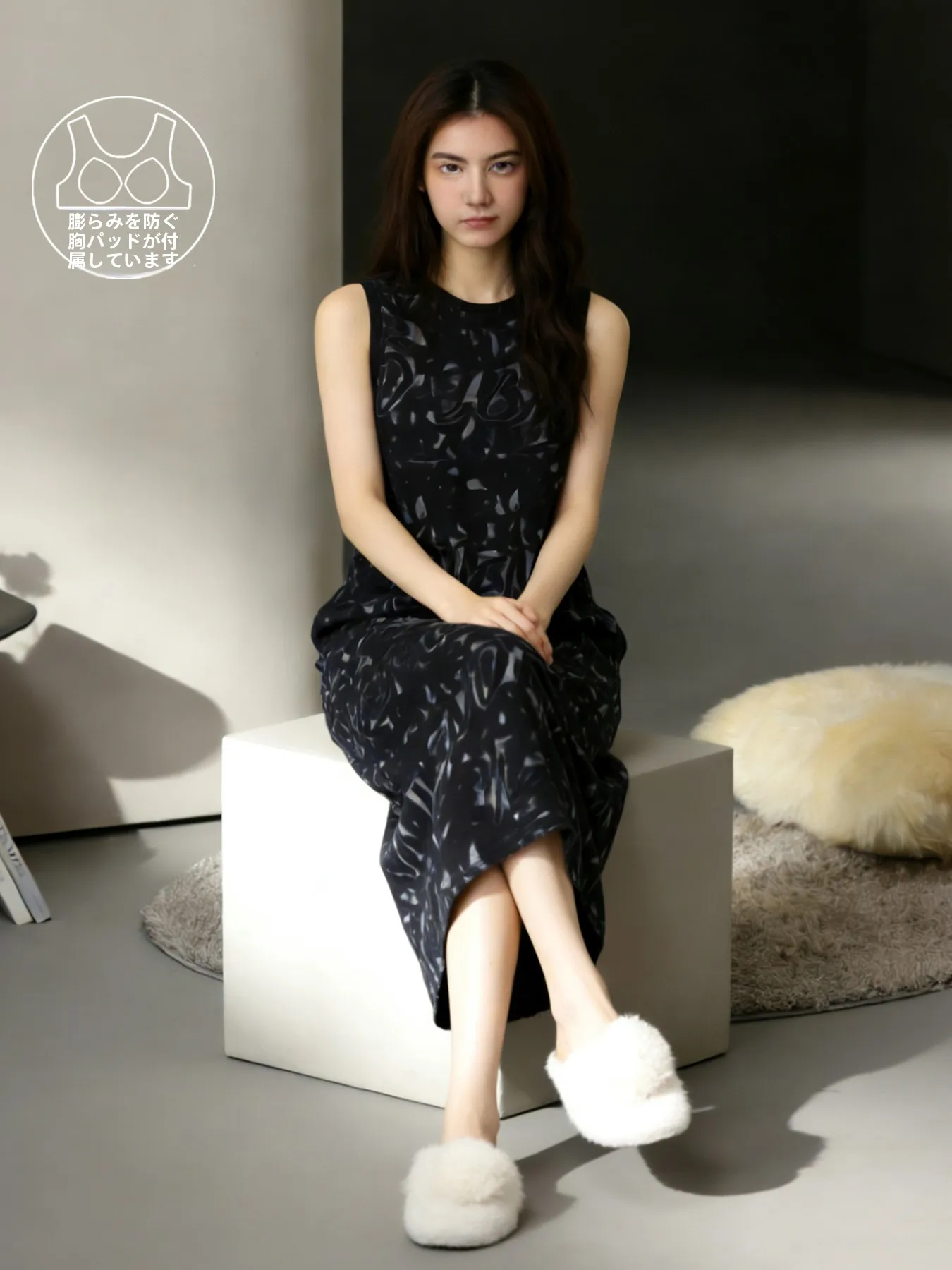 女性の綿のスリープドレスソフトピュアコットンノースリーブベストスカート夏のホーム服カジュアルレジャープリントラウンドネックドレス