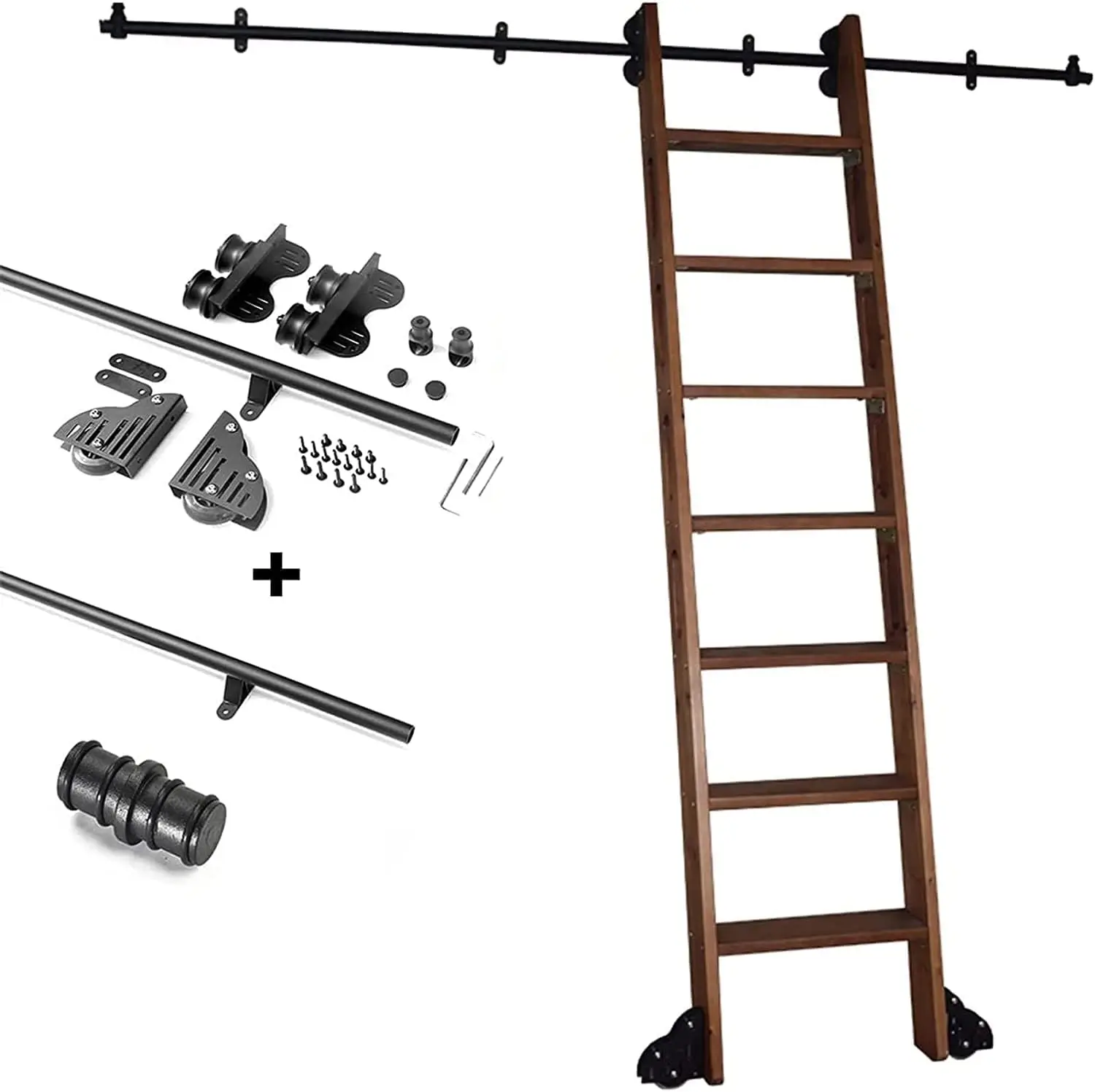 Sliding Barn Door Hardware Kit 3.3-20Ft Rolling Ladder Library Complete Hardware Rolling Rail Set (No Ladder), Black Steel