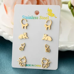4Pairs/Lot Lovely Animal Kitty Earrings Set for Women Small Happy Cat Ear Studs Stainless Steel Earings Kitten Jewelry Accessory