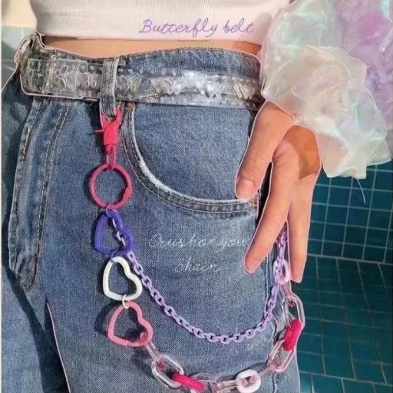 Trendy and versatile hip-hop girl pants chain with colorful heart acrylic detachable chain, beautiful y2k cute