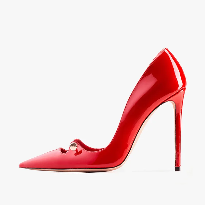 

Arden Furtado Summer Patent Leather Hollow stiletto red heels Pumps Pointed toe Metal buckle Shallow Super high heel Sexy shoes