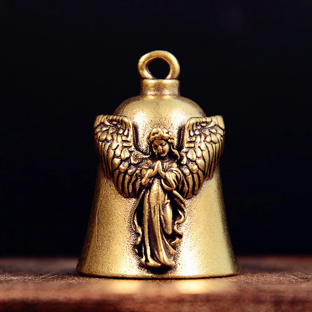 Vintage Brass Bell with Carved Angel Relief Good Luck Bless Guardian Hanging Decor Home Decor Easter Thanksgiving Day Gift