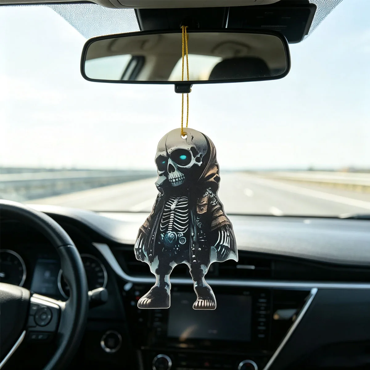 Halloween Skeleton Car Hanging Charm, Vintage Hooded Skull Rearview Pendant, Gothic Style Interior Accessory