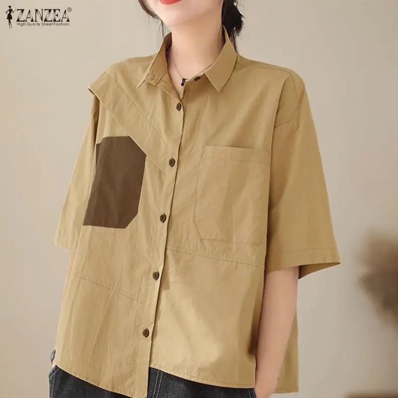 2026 zanzea verão camisas femininas meia manga casual túnica topos moda lapela retalhos assimétrico blusa feminina blusas soltas
