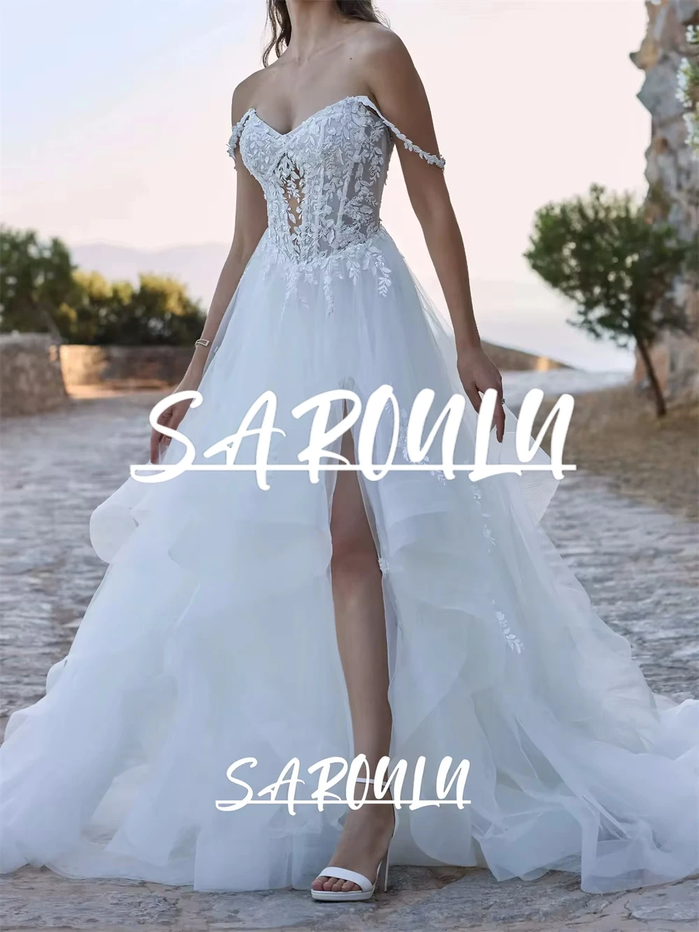 

Popular Tiered Tulle Wedding Dresses for Women 2025 Off the Shoulder Illusion Lace Corset Bride Dress Cheap Customized Bridal