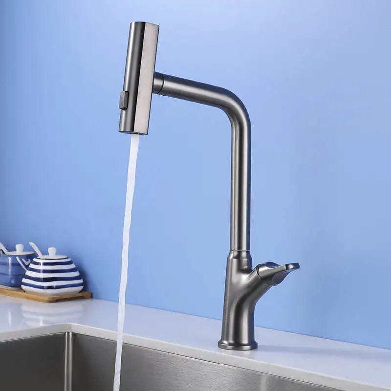 Deck Mounted One Hole Pull Out Sink Faucet Modern 3 Function Kitchen Sink Faucet Single Handle Hot and Cold Mixer Taps Gray