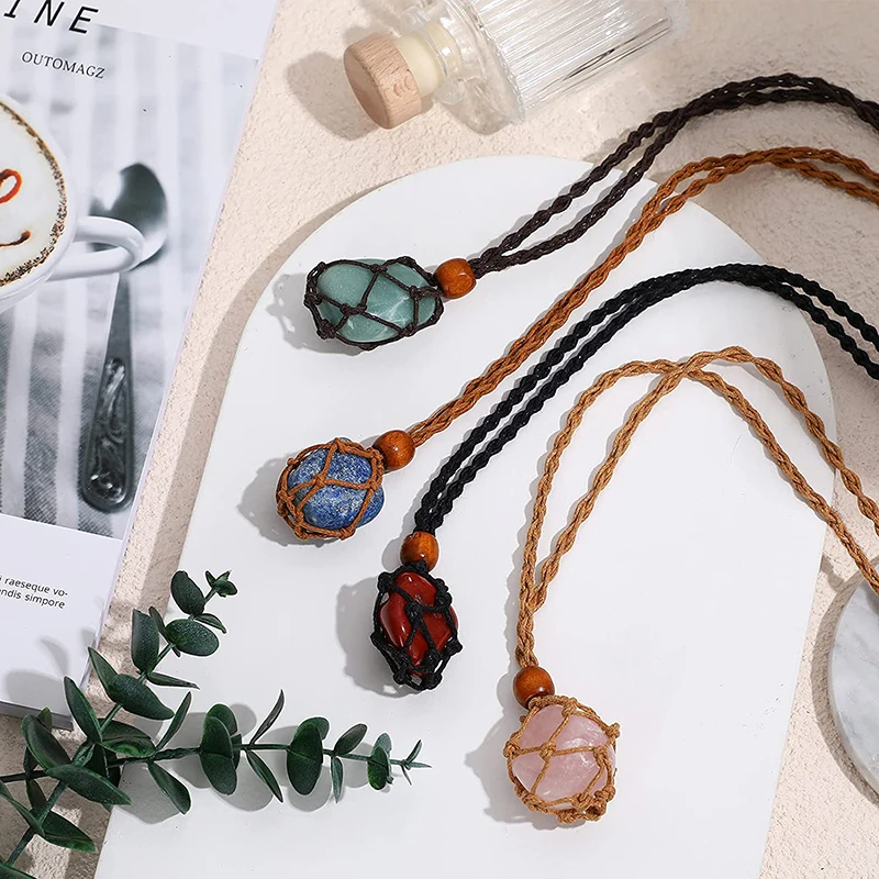 1PC Diy Adjustable Natural Crystal Stone Holder Cord Empty Meditation Necklace Pendant Holiday Retro Woven Handmade Rope Jewelry