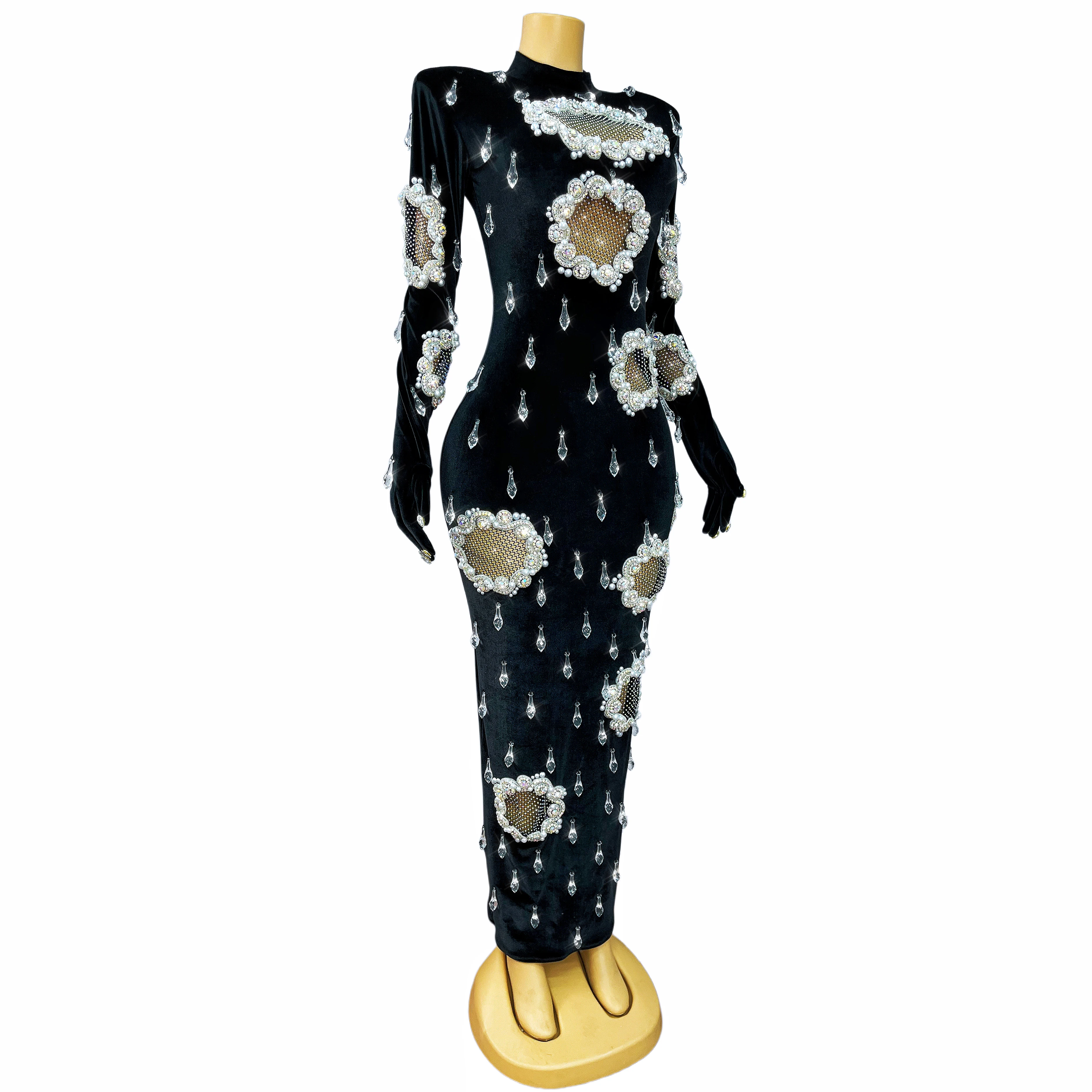 High-end Designed Twinkling Crystals Pendant Trim Fit Velvet Dress Women Evening Cocktail Party Gown Red Carpet Show Outfit Xiao view 5