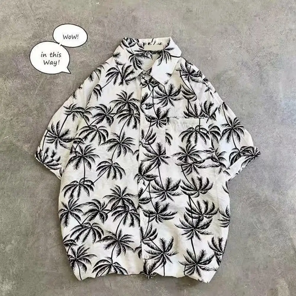 Men Short Sleeve Shirt Tropical Tree Print Men's Hawaiian Shirt with Short Sleeves Quick Dry Fabric Loose Fit Beach for Summer