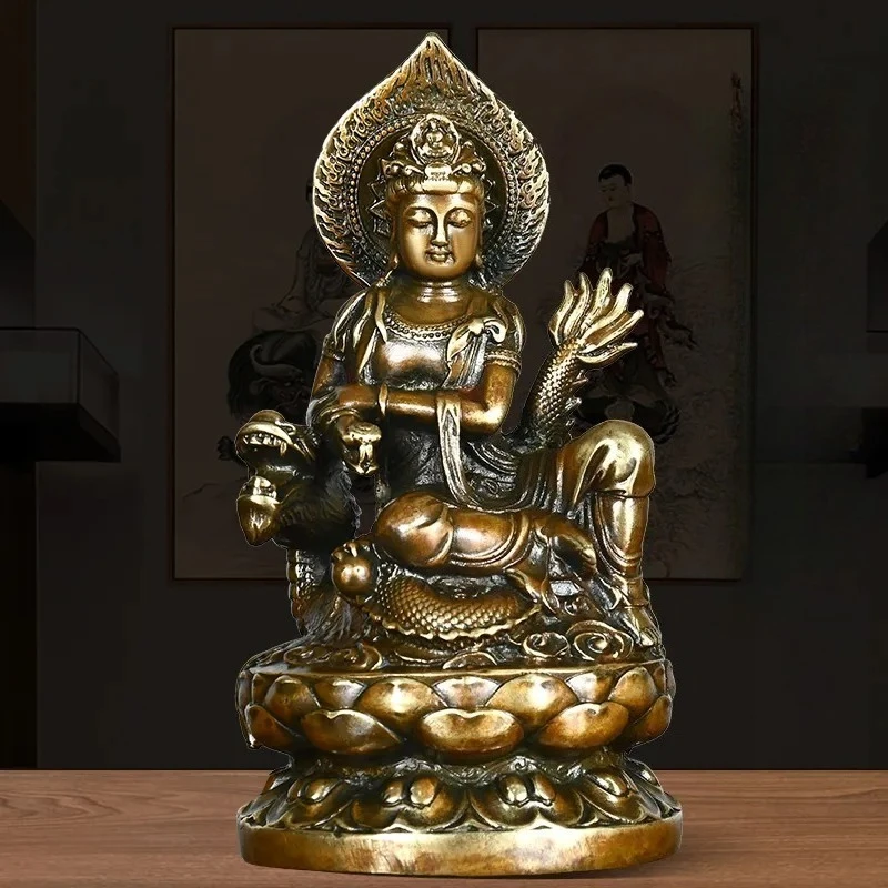

Китайский латунный дракон верхом Гуаньинь орнамент вода Луна Гуаньинь Бодхисаттва статуя Будды дома гостиная зал Будды