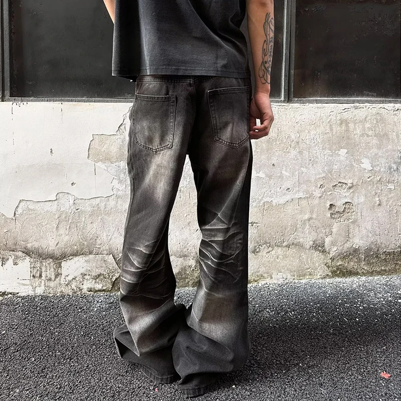 WTHT Fashion 2026 Summer Men's Gradient Pleated Do Old Denim Pants Trendy American Style Straight Casual Jeans Male 2A3218