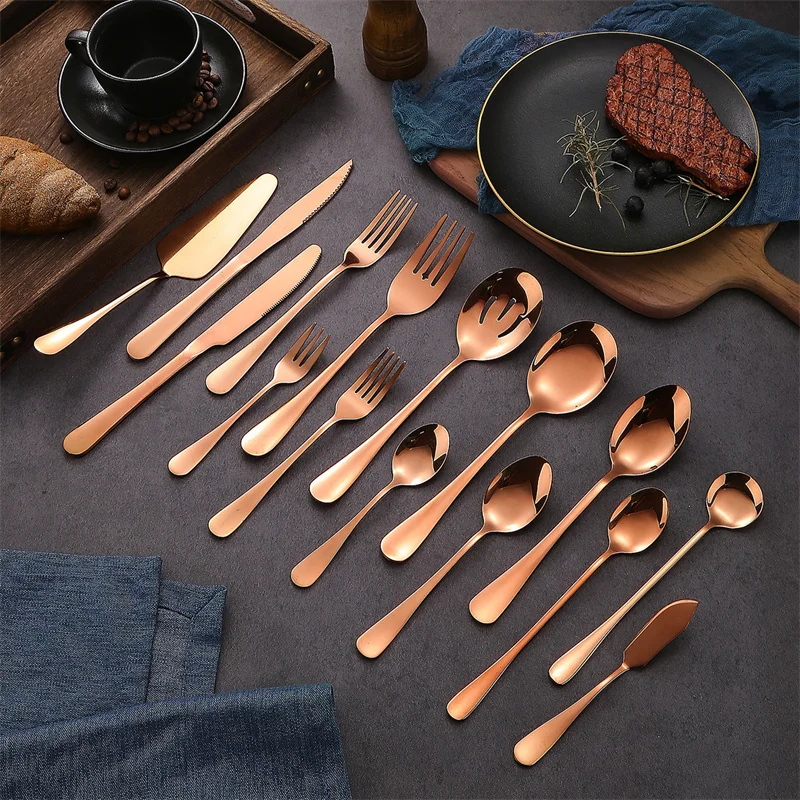 Western Rose Gold Cutlery Set Stainless Steel Steak Knife Serving Fork Spoon Cake Shovel Dinnerware Set 	 Utensils for Kitchen