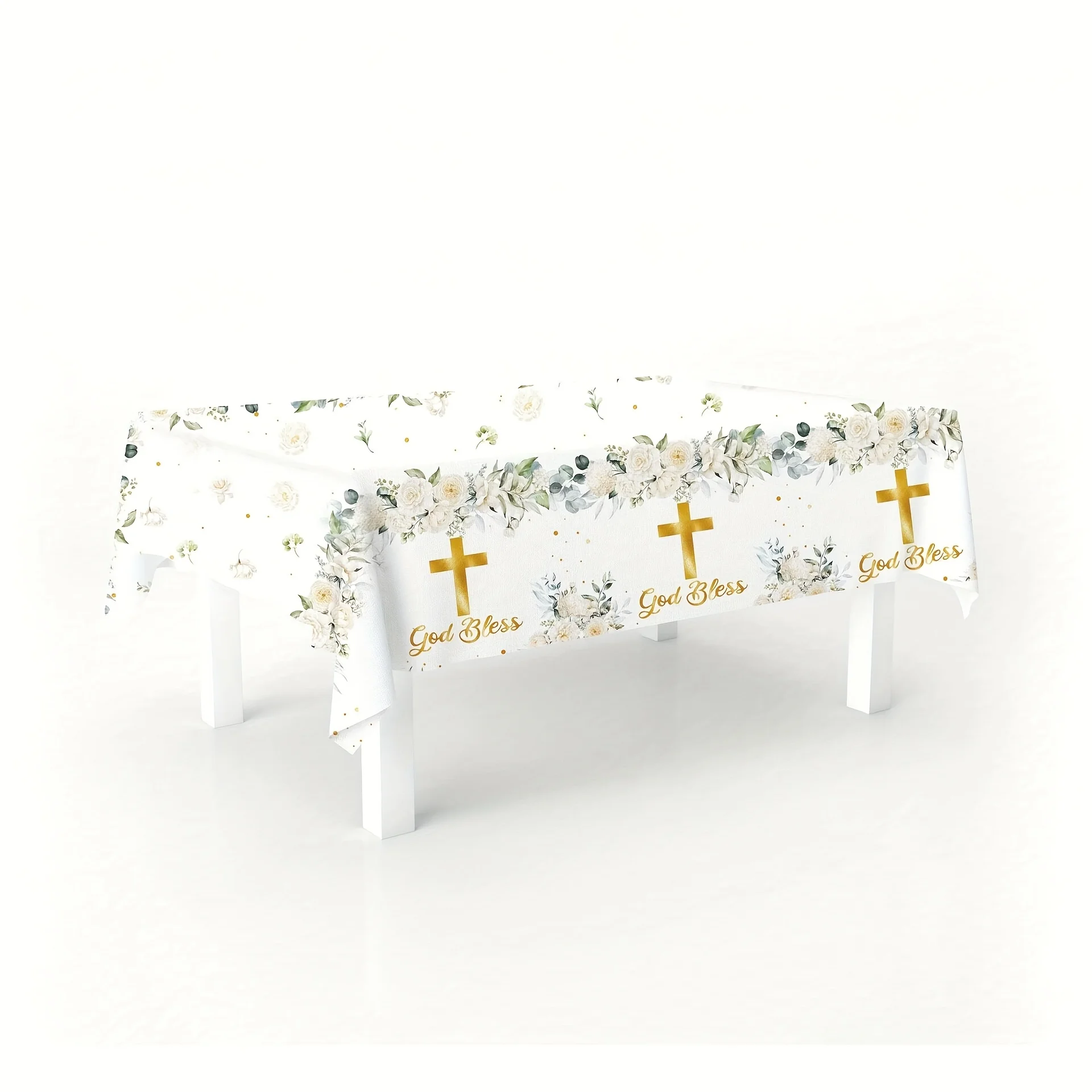 1pc White Floral Cross Tablecloth Shower Communion Party Table Decoration Disposable Tablecloth with Floral And Cross Design - B