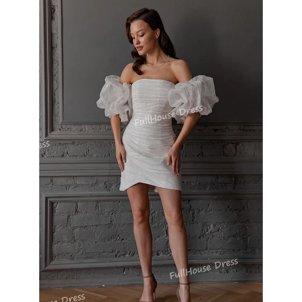 

Custom Made Shiny Boat Collar Sequins Sheath Pleated Wedding Gown Backless Short Mini Porm Dress with Detacahble Puff Sleeve