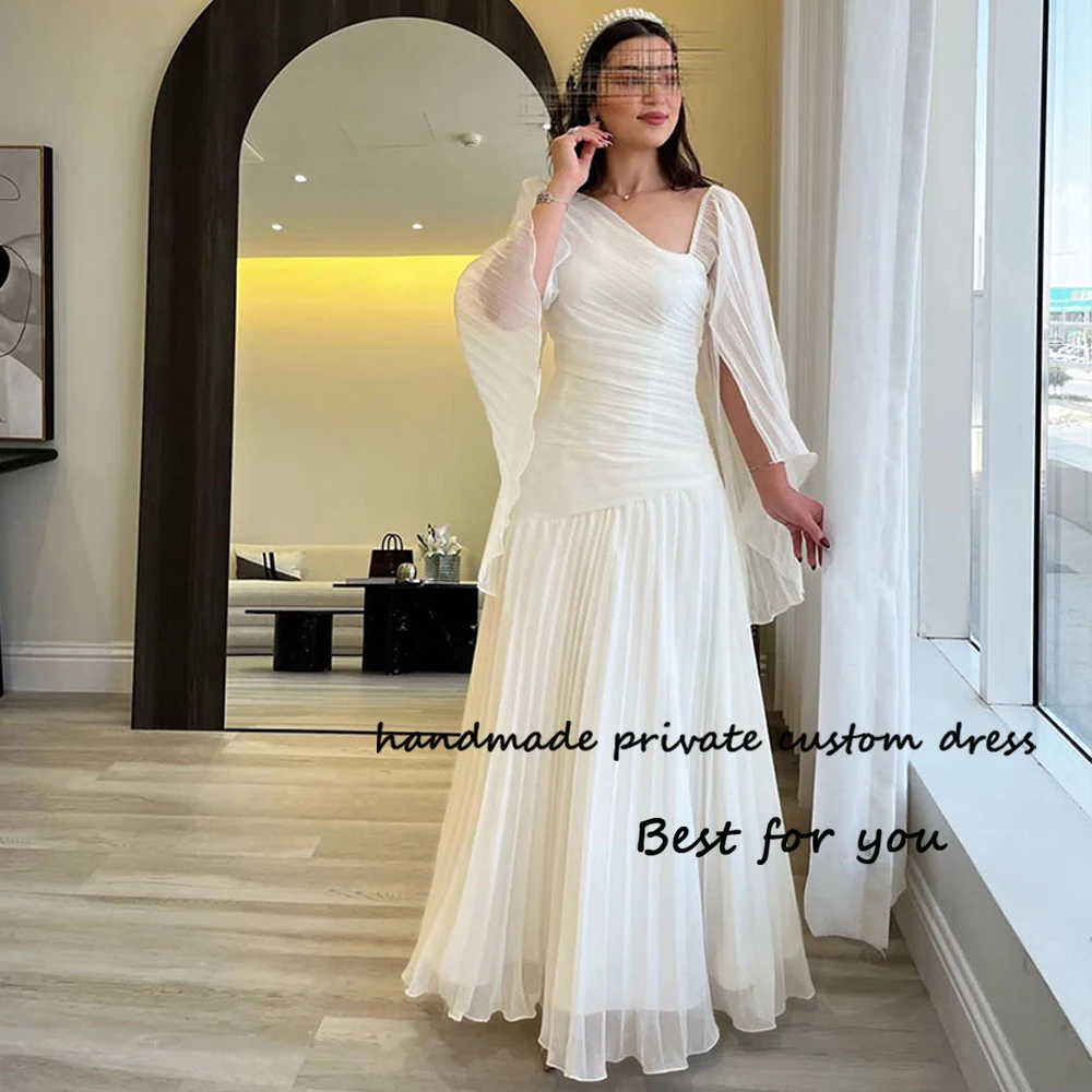 

White Chiffon Mermaid Evening Dresses with Sleeve V Neck Formal Prom Dress Arabian Dubai Occasion Party Gowns Ankle Length