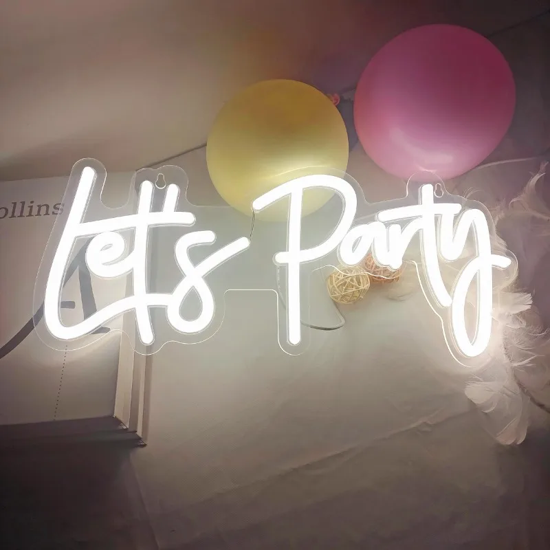 Let's Party Dimmable Neon Sign Light, Contexto de LED Presente, Aniversário, Casamento, Amigo, Branco, USB Lets, 17x7 Polegadas