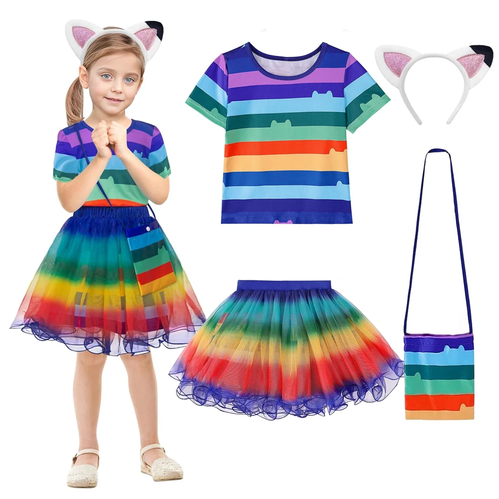 

Girls Halloween Cartoon Gabby Dollhouse Costume T-Shirt+Skirt+Bag+Hair Accessories 4 PCS Set Children Carnival Party Rainbow Set