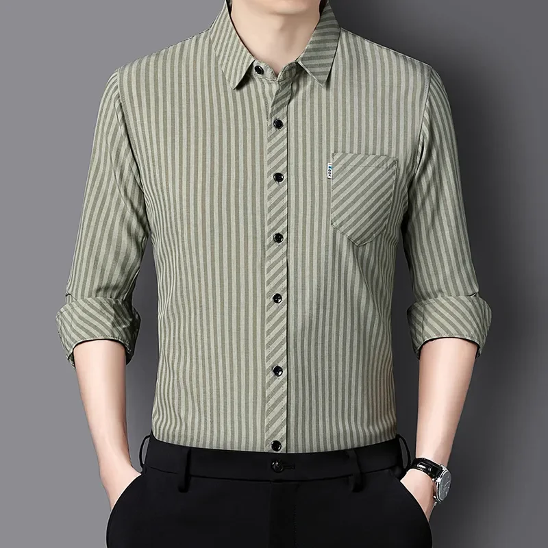 

Men's Khaki and White Striped Long-Sleeve Shirt Casual Slim Fit Business Top