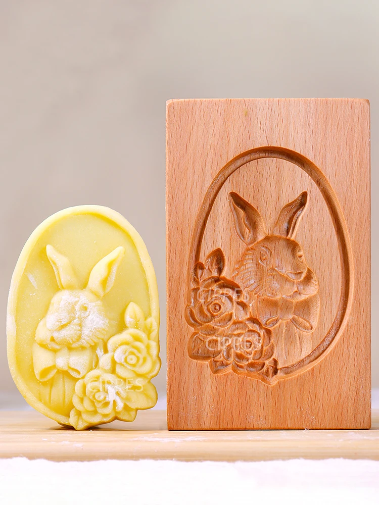 Wooden Cookie Molds, 3D DIY Cookie Cutter Mould with Easter Bunny Eggs Patterns, Cookie Stamp Embossing Press Molds