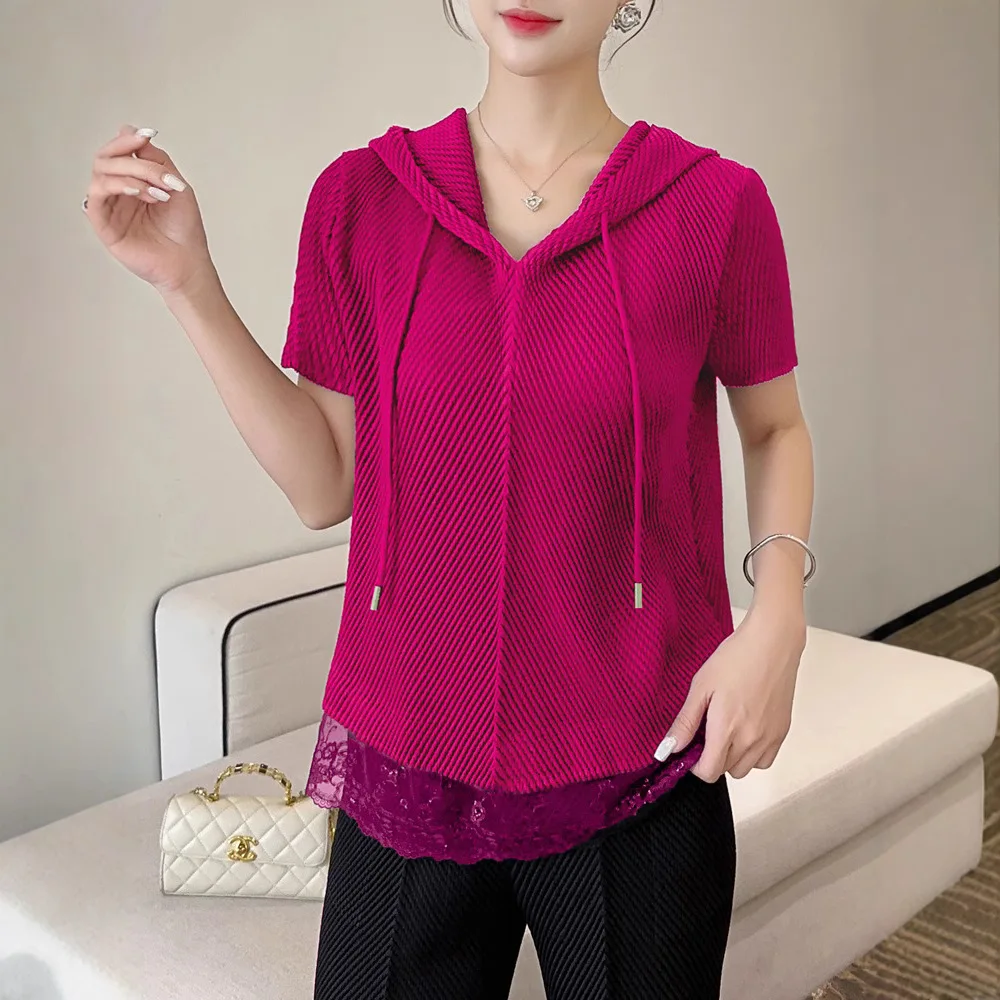 

Miyake Style Pleated Hooded Short-sleeved Sweatshirt Casual Fish Scale Pleated T-shirt Women's Loose Lace Pullover Top