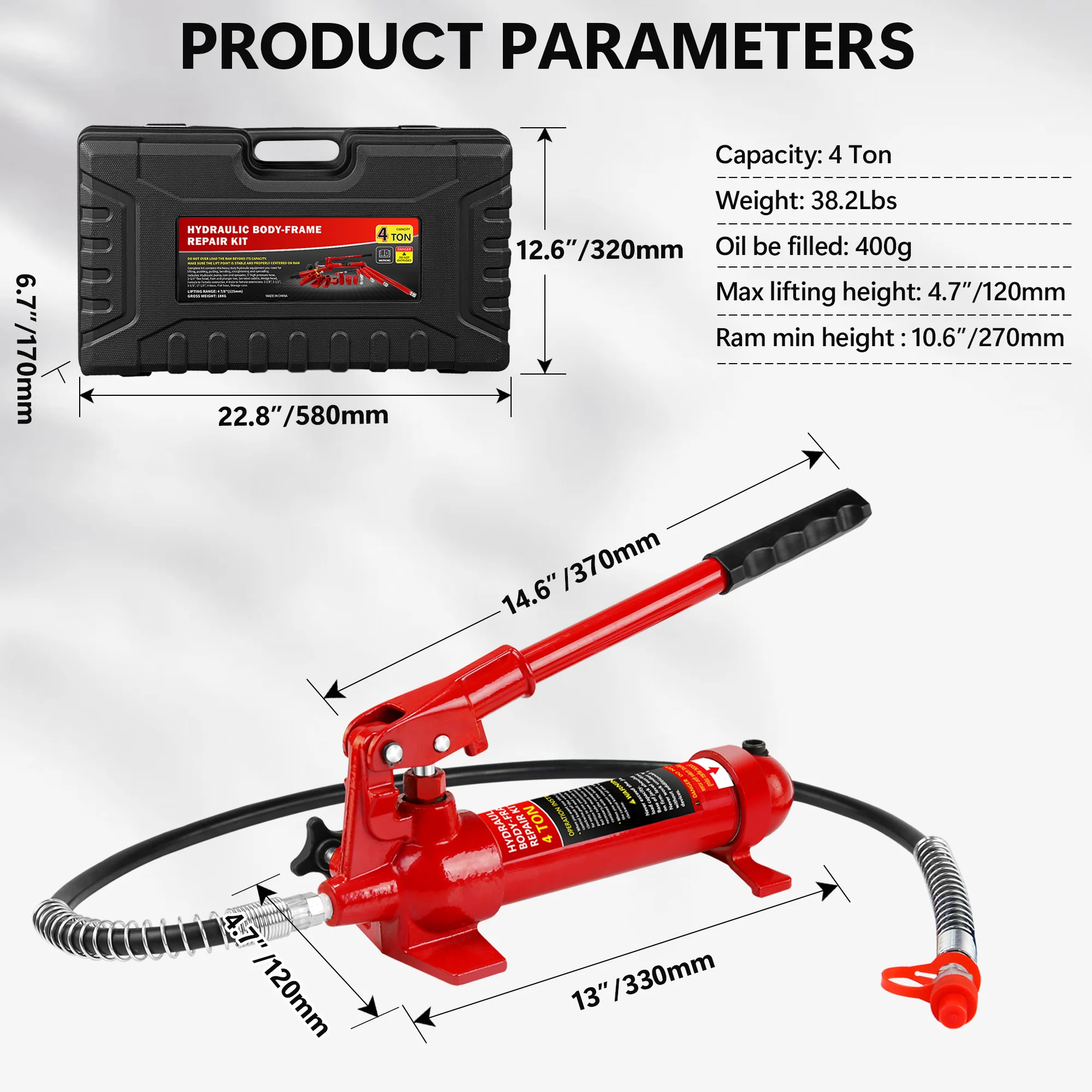 4 Ton Porta Power Kit, Portable Hydraulic Jack with Oil Hose, Auto Body Frame Repair Kit with Storage Case for Car Repair, Truck