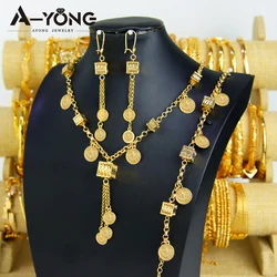 Luxury Arab Gold Coins Necklace Set 21k Gold Plated Brass Waterproof Turkish Women Tassel Jewelry Set for Wedding Party Gifts