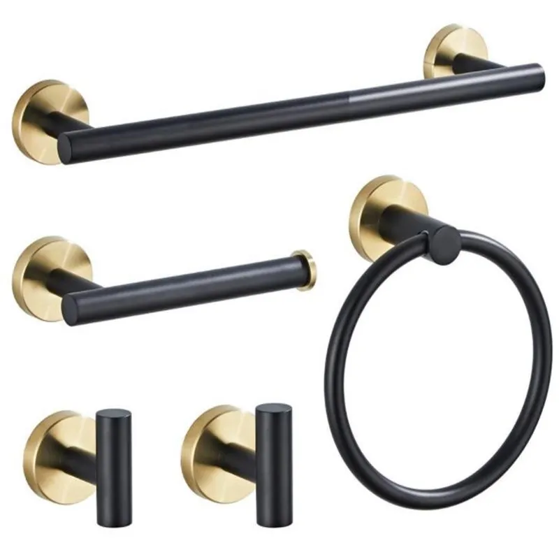 

Stainless Steel Bathroom Accessories Black/Gold Bathroom Hardware Set with Robe Hook Towel Pole Rack Shelf Tissue Paper Holder