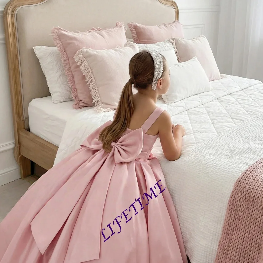 

Розовое платье с цветочным узором для девочек на свадьбу, атласное, с бисером, без рукавов, с бантом, для детского дня рождения, первого причастия, бальное платье, на заказ